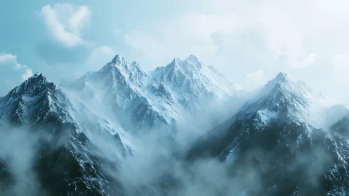 Snowbound mountain peaks rise through drifting alpine mist.