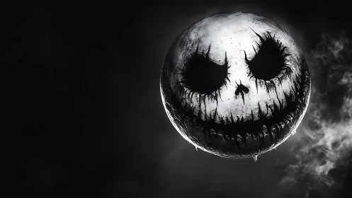 Monochrome spherical skull face amid dark smoke field.