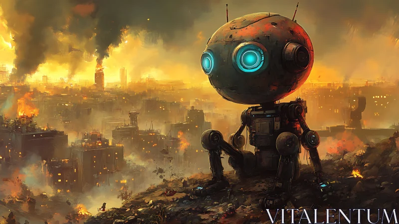 Giant childlike robot watches burning postwar cityscape.