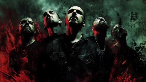 Brooding metal phantoms rising from smoke and scarlet fire.