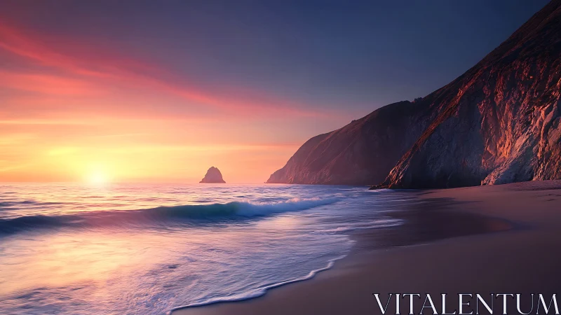 Sunset surf kisses indigo cliffs in a glowing coastal hush