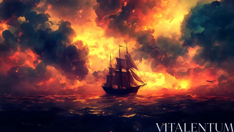 Tall ship cuts through molten sunset storm seascape.