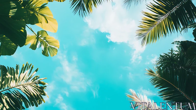 Tropical palm canopy frames vibrant turquoise daytime sky