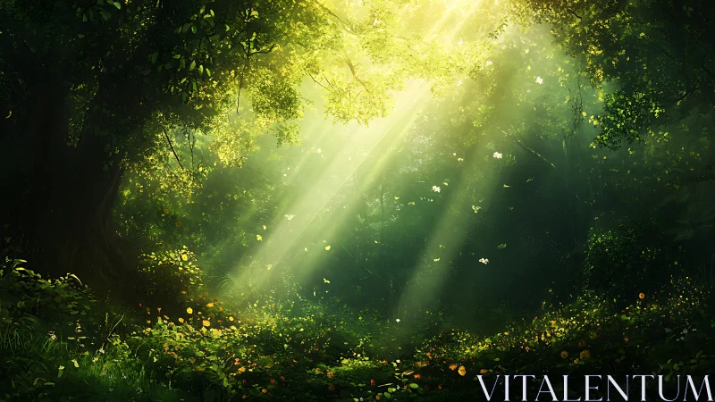 Sunlit forest glade where wandering light writes legends.