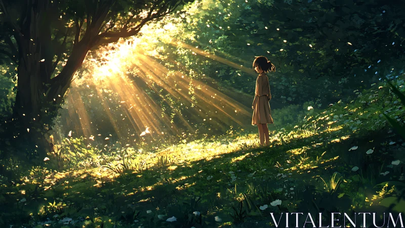 Sunlit forest clearing with solitary girl in warm glow.