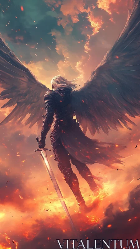 Storm-forged angel rises through firelit battlefield sky.