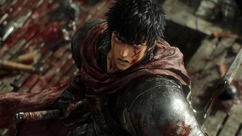 Battle-scarred warrior locks eyes amid a brutal, rain-soaked siege