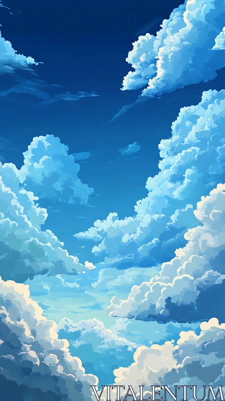 Sunlit cumulus clouds drift softly across a deep blue sky