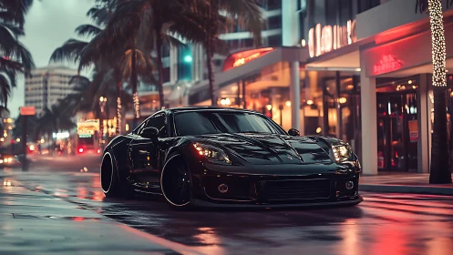 Sleek black sports car idles on wet neon city boulevard at dusk