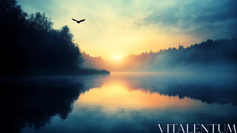 Backlit foggy lake horizon captures gradient dawn reflection