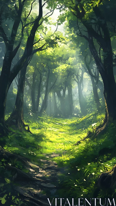 Enchanted Forest Path Bathed in Golden Woodland Light