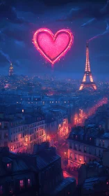 Glowing Heart Over Paris in a Romantic Neon Dream