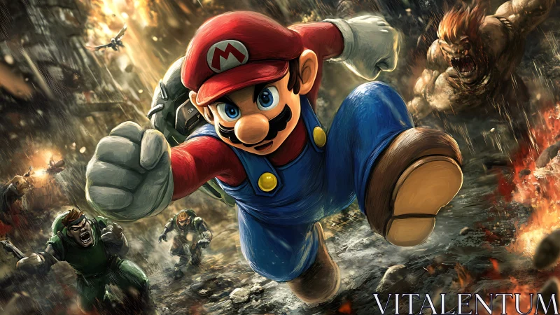 Dynamic hero charge surges through a fiery, chaotic battle