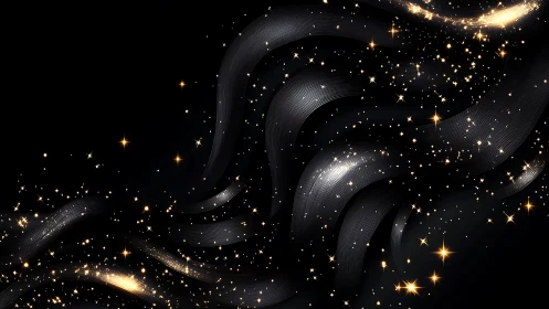 Curved metallic ribbons intersect with dispersed golden particles