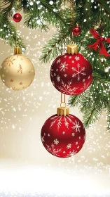 Red and gold Christmas baubles on snowy fir branches.