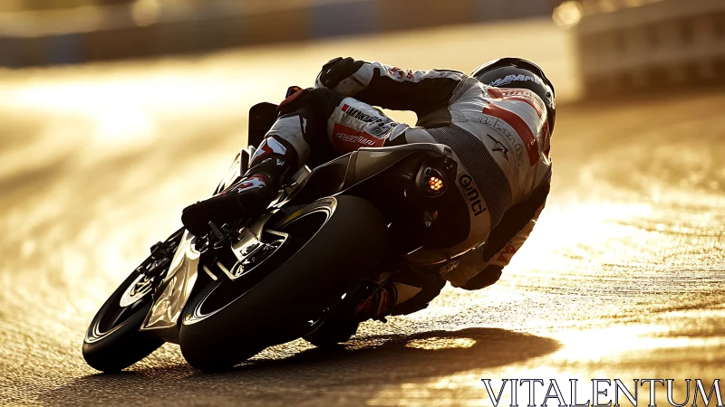 Motorcycle racer carves golden-lit corner at high speed.