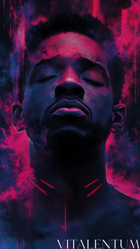 Neon lit portrait of man with closed eyes in pink clouds.