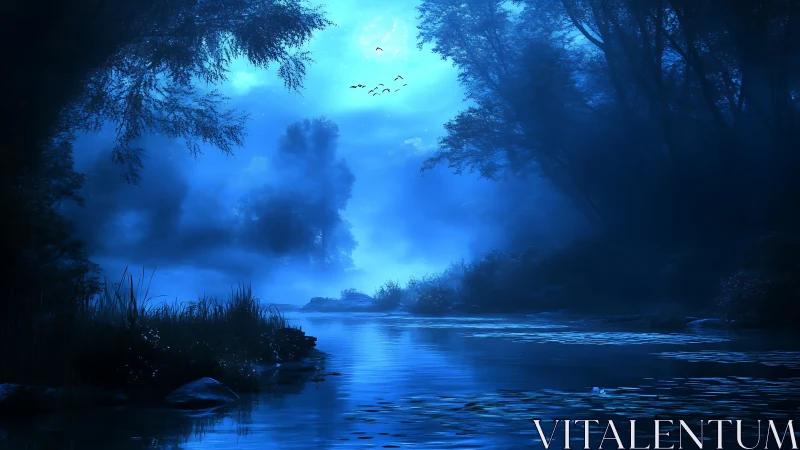 Nocturnal river landscape in blue tonal digital painting.