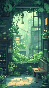 Urban balcony garden with dense greenery and city view.