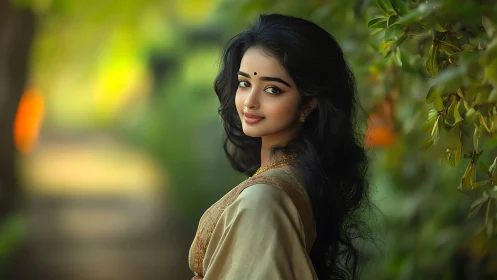 Portrait of woman in traditional attire near garden path.