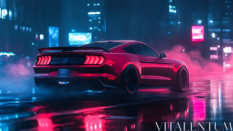 Red sports car is rendered in neon lit wet city street scene