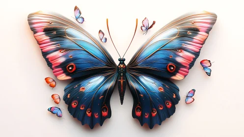 Iridescent blue butterfly spreads luminous painted wings.