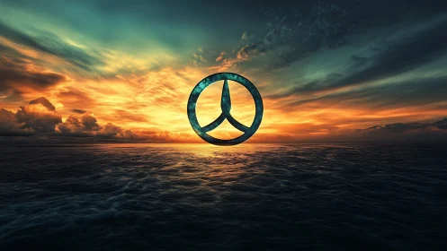 Peace symbol floats over stormy ocean at blazing sunset
