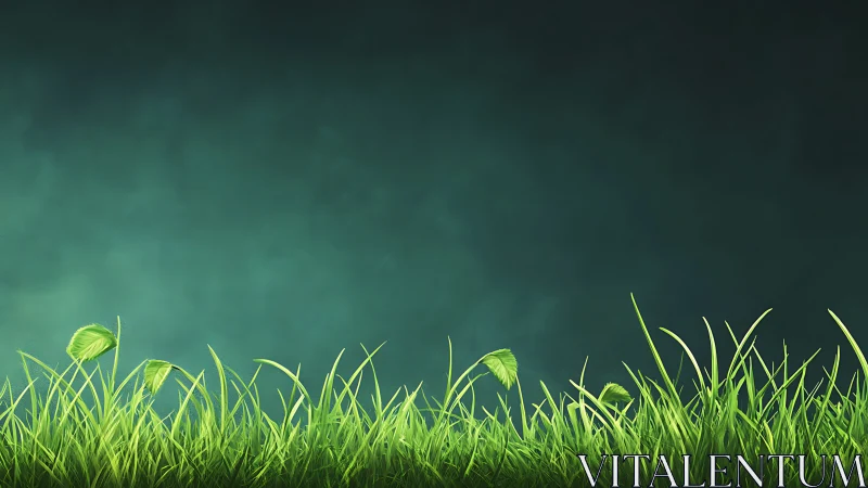 Fresh green grass glows against deep teal background.