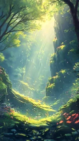 Sunlit Forest Canyon with Golden Rays Through Towering Trees