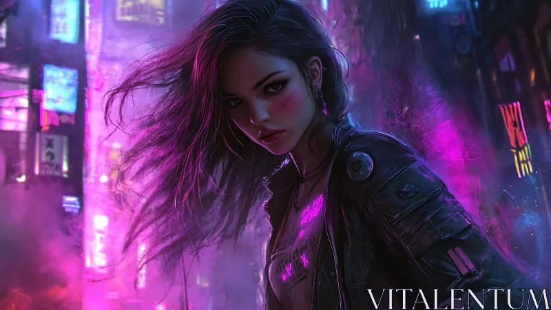 Cyberpunk heroine under neon rim light in dense urban smog