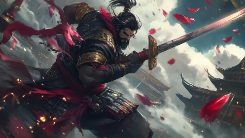 Storm-tossed warrior cleaves the sky in crimson petals.