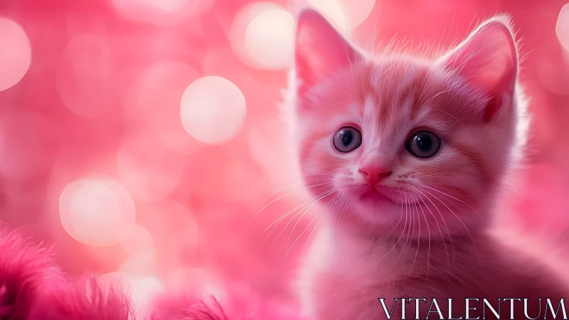 Adorable Pink Kitten Gazes Softly Through a Dreamy Bokeh Garden.
