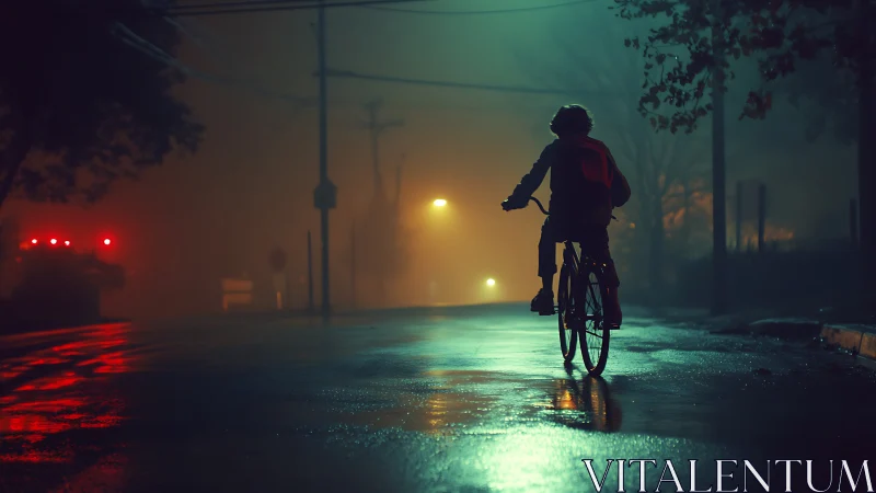 Cyclist traveling on wet pavement under artificial street lighting