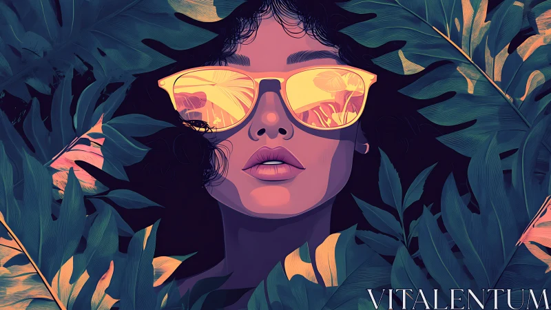 Stylized portrait of woman in sunglasses within foliage.
