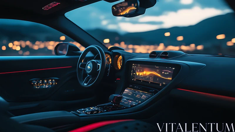 Futuristic sports car cockpit glows in cinematic twilight.