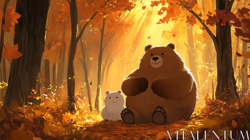 Autumn forest bears share warm light under golden canopy.