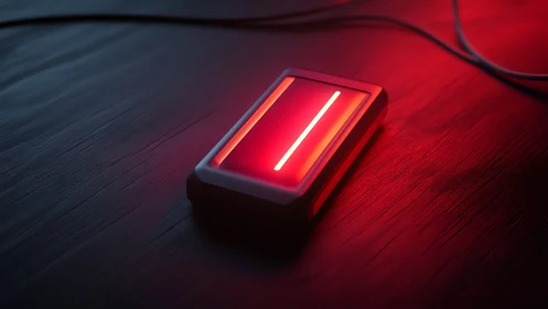 Lone crimson gadget casting sci fi glow on dark wood.