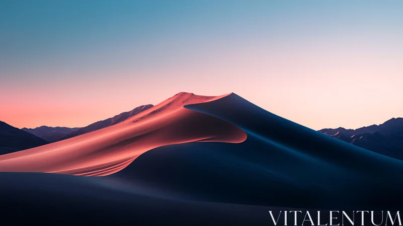 Long desert dune ridge under low-angle twilight rim lighting