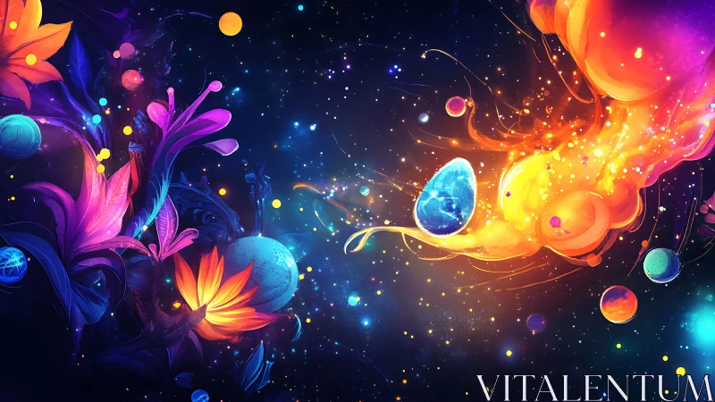 Cosmic flowers embrace a glowing nebula-born world egg.