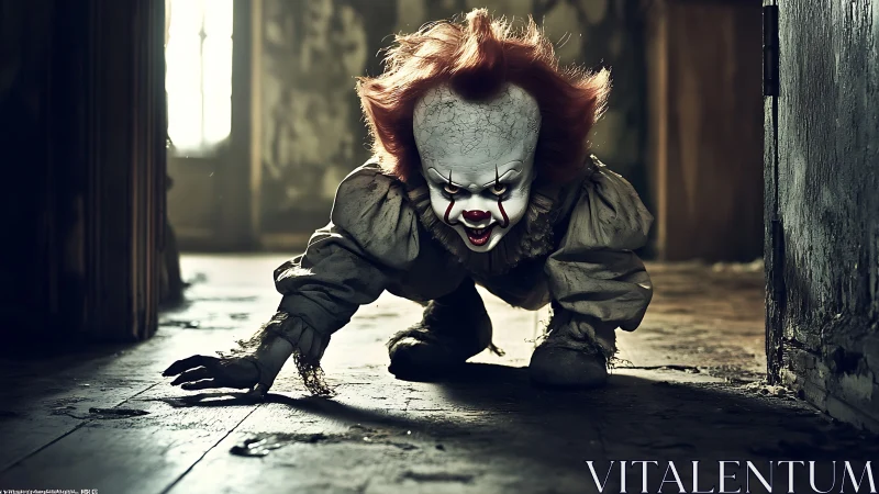 Crawling nightmare clown stalks a rotting hallway floor.