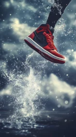 Red high-top sneaker above water splash in motion study.