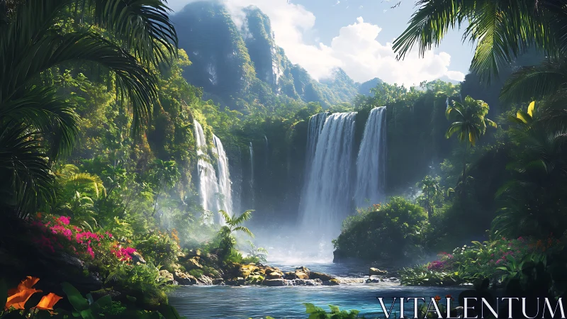 Lush tropical waterfall basin with misty jungle depth.