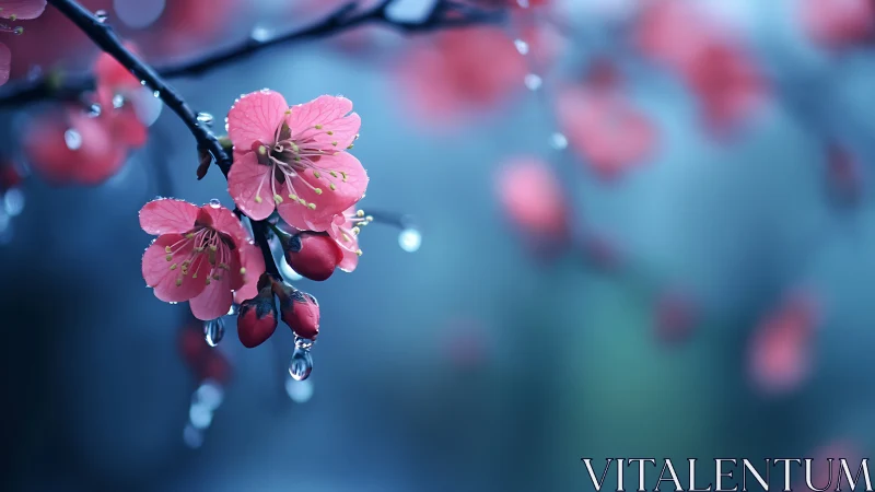Pink Cherry Blossoms Studded with Dew Drops.