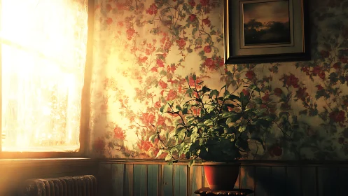 Potted plant stands in sunlit vintage room corner interior