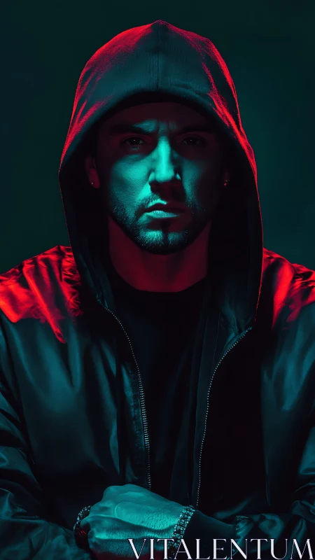 Neon shadows carve resolve into the hooded stranger&rsquo;s stare