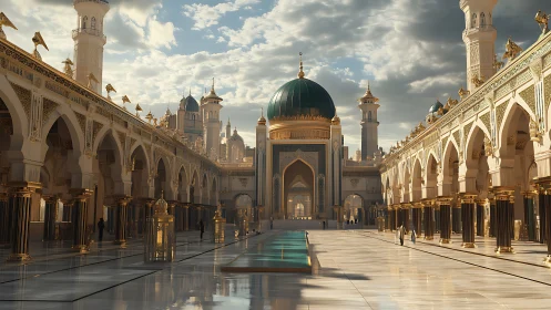 Sunlit emerald dome above a golden courtyard of quiet reverence.