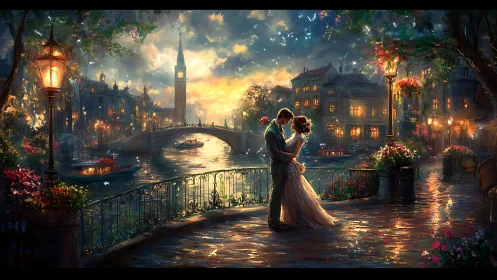 Romantic Couple Embracing at Venetian Waterfront at Golden Hour