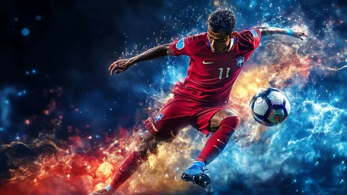 Soccer player in red kit controlling ball amid color effects.