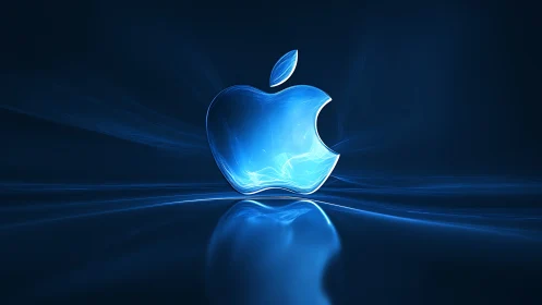 Glowing blue apple logo floats over reflective dark surface.