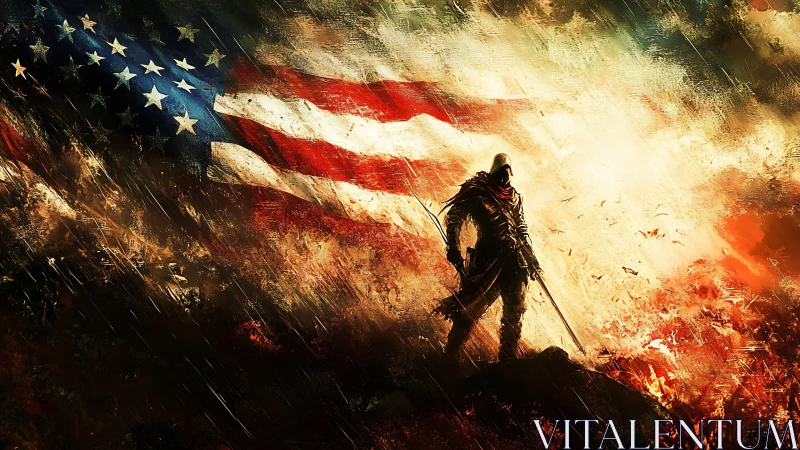 Armored warrior stands before a storm torn American flag